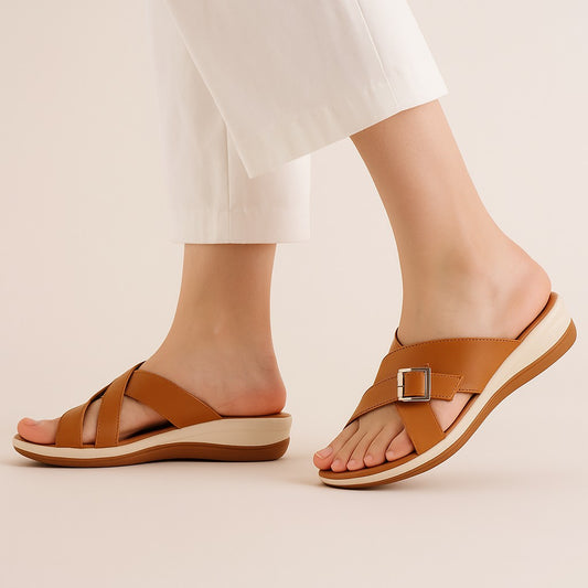 Mustard Cross Buckled Wedge ZW-1519