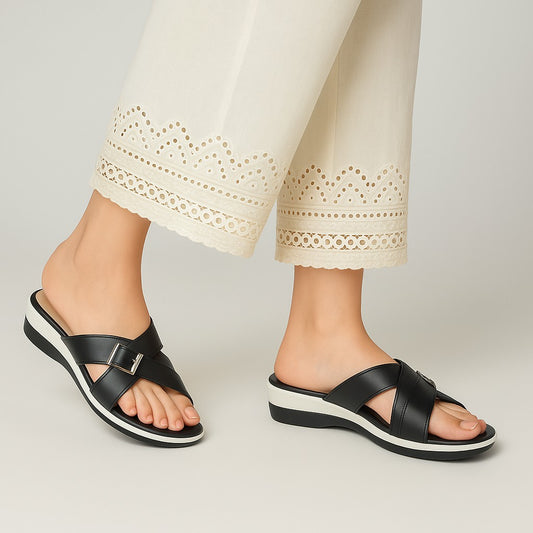 Black Cross Buckled Wedge ZW-1519