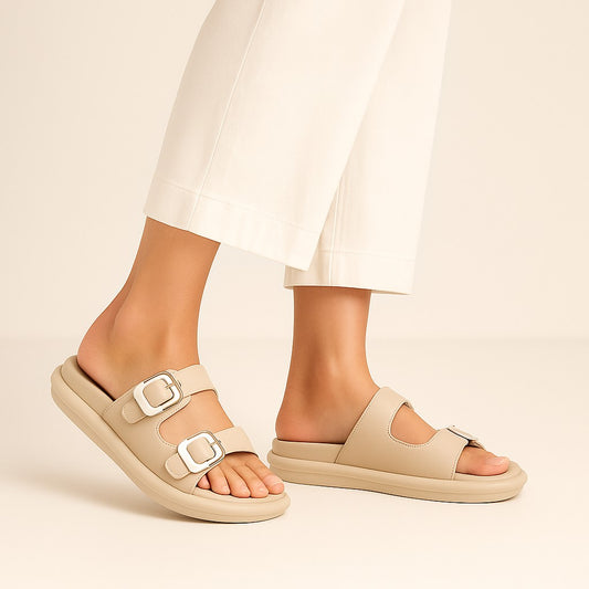 Stone Beige Buckle Slides ZW-1527