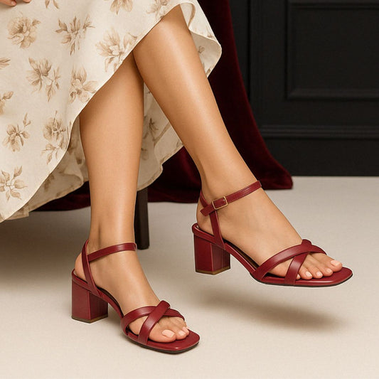 Maroon Cross Strap Block Heel Sandal ZH-502